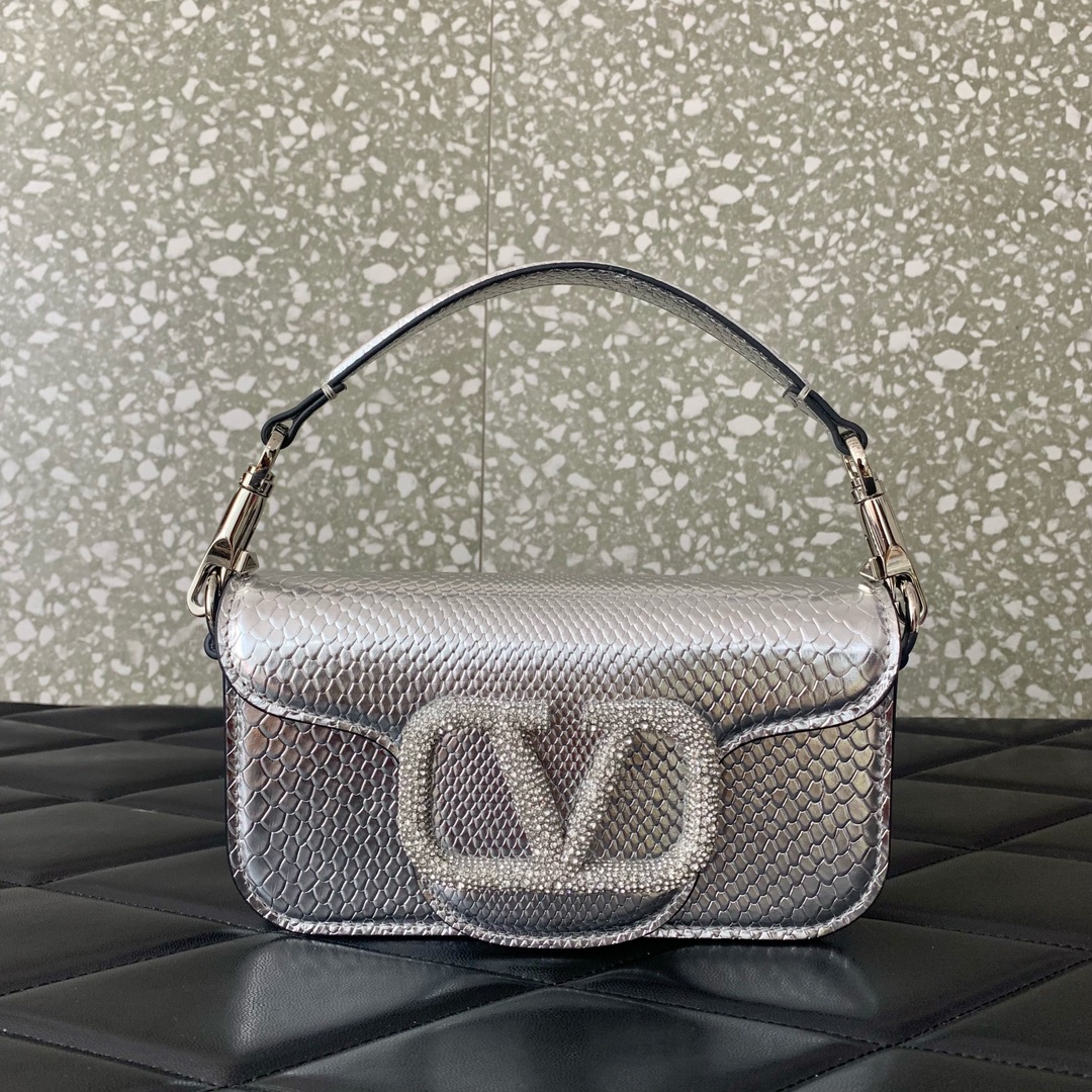 Valentino Garavani Loco Small Shoulder Bag in Silver Snake Grain Calfskin Leather